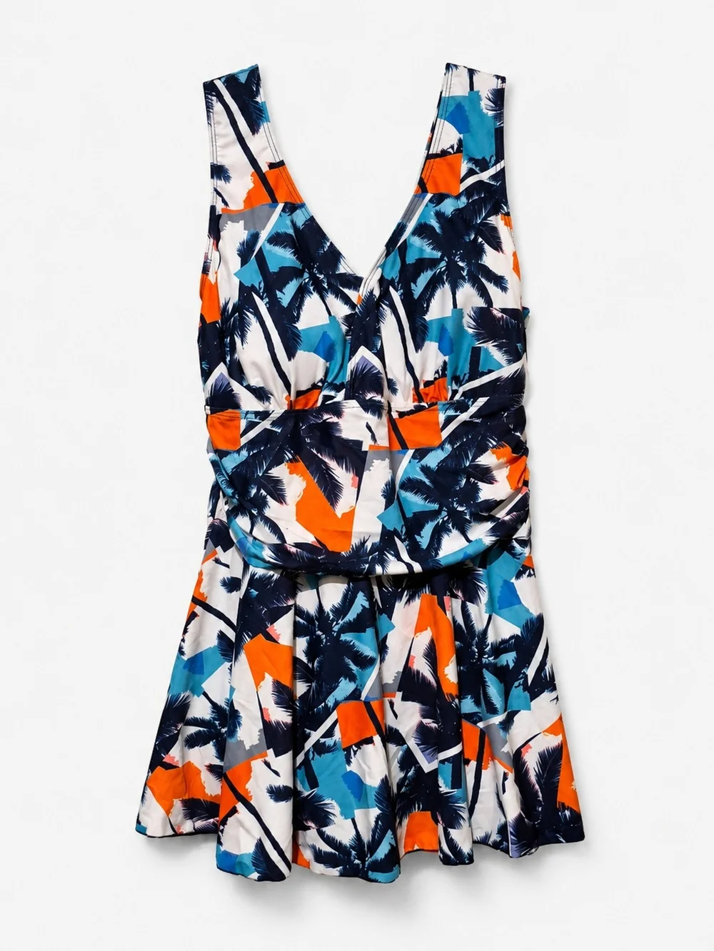 Ecupper Tropical Palm Print V-Neck Swimdress in Blue & Orange - NWT